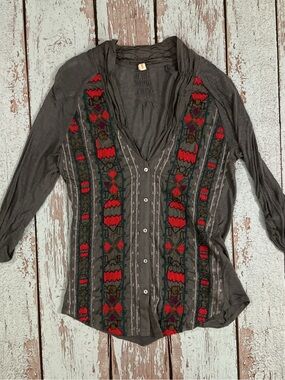 Gray Button-Down Shirt with Red Embroidered Panels from Anthropologie
